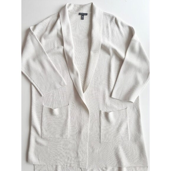 EILEEN FISHER Bone Ivory Silk Cotton Interlock Knit Long Cardigan, Size S - Picture 6 of 16